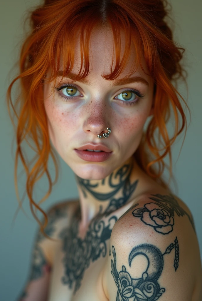 2 white tomboys european girls, medium Butterfly Cut hair, red hair, messy hair, big eyelashes, shy smile, full body photo, perfect green eyes, 8k photo, tattoos, slim body, realistic,, arm full of tattoos, oiled up body, high details, soap foam, cute face, girl, slander, best quality, photorealistic, topless, perfect eyes, tomboy skinny, freckles, fringes, tomboy, looking up, bow tie, distant focus, no chest, red lipsticks, red lips, tattooed butt, bowing down, garden
