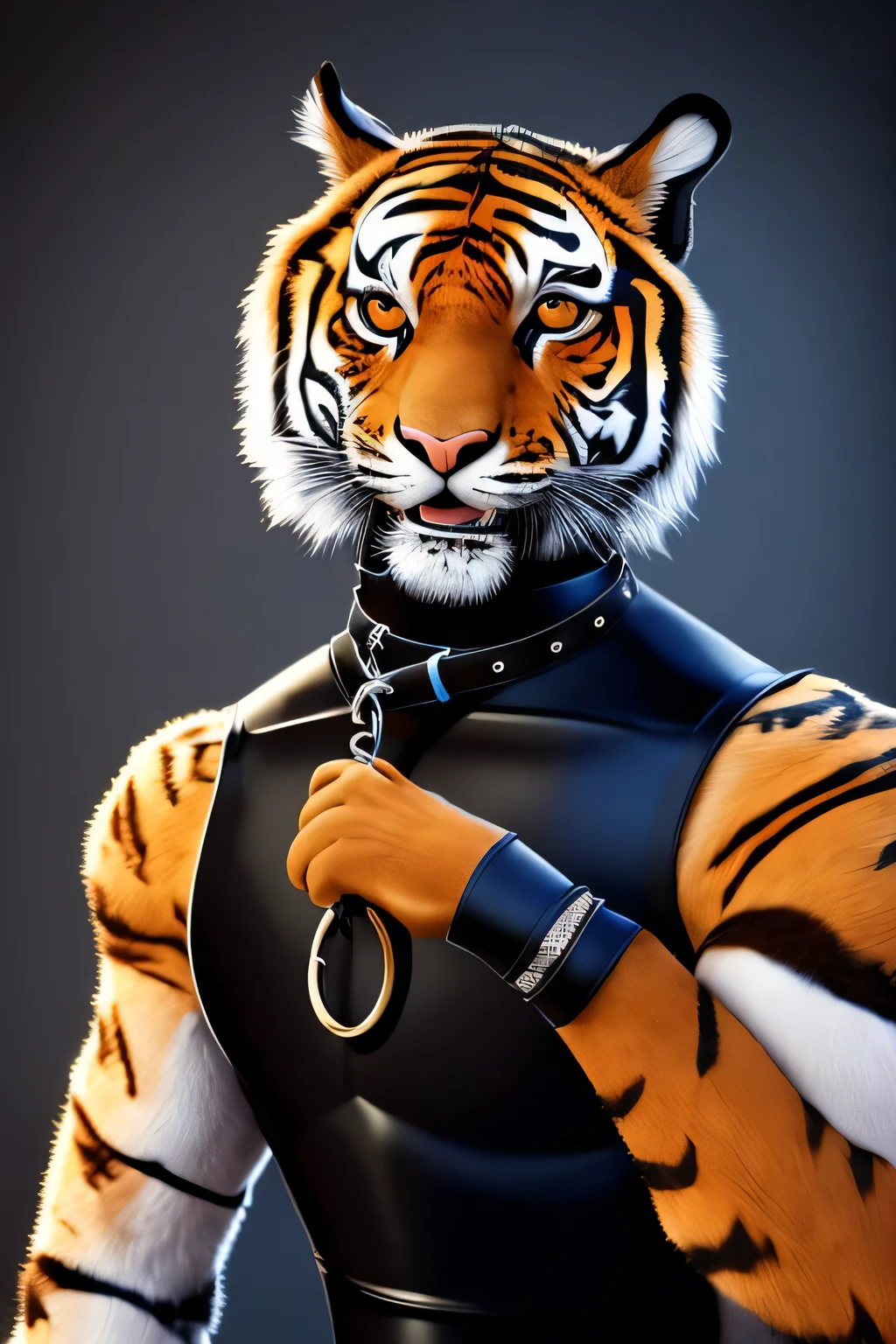 anthro, furry, 4k, balls, tiger, feline, male, collar, leash, solo, bedroom_eyes, detailed_mouth, sheath, realistic_hand, whiskers, rubber lingerie, glistening, detailed_eyes, detailed_fur, good_anatomy, high_quality, detailed_face, oval_pupils, stripes, striped body