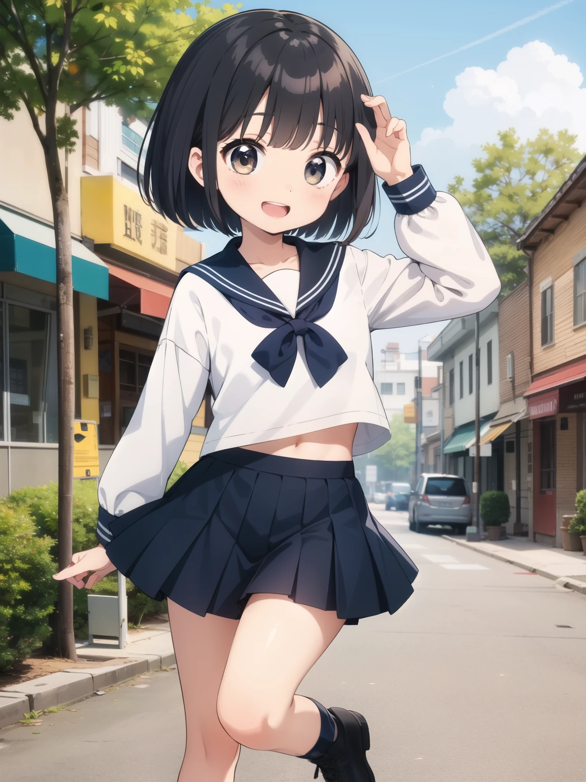 masterpiece、Highest quality、Small and cute 、Black Hair、Bob Hair、Navy blue long sleeve sailor blouse、Pleated mini skirt、The best smile、Open your mouth、Town
