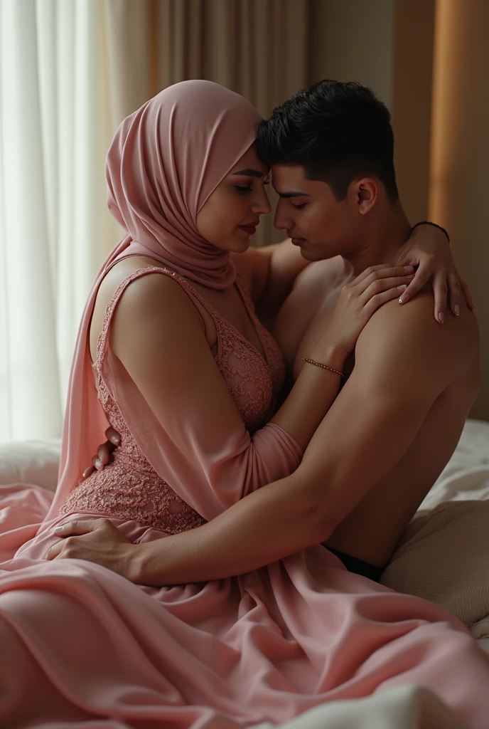(1 gorgeous malay girl wearing thongs and arm sleeve, topless, wearing plain hijab, she is hugging 1 handsome man 40 years old with slick back hair, he is shirtless and wear panties) ((he is having sex with her)), dynamic pose, ultra realistic, masterpiece, maximum quality, detailed skin texture, skin pores, film grain, eyes closed, skin marks, moles, highly detailed skin, fantasy flower garden, (flowers blooming densely in background), lisianthus, pale pink and light azure color grading, surreal and dreamy environment, ethereal foliage, high contrast, ink strokes, over exposure, abstract, (watercolor painting by John Berkey and Jeremy Mann, brush strokes), flower petals and leaves flying blown by wind, film grain, film noise, cinematic composition