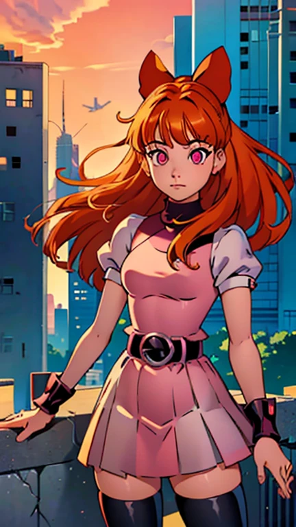 (Teens:1girl: blossom), (extremely detailed CG unit 8k wallpaper),(master part), (best quality), (ultra detail), (best illustration),(city scene), cowboy shot, (Sharp eyeliner, ombre, detailed eyes:1), landscape, building, outdoor, ,break , (Ringo! Style), upper body, orange hair, long hair, blunt bangs, pink eyes)
(bow, dress, belt, thighhighs,