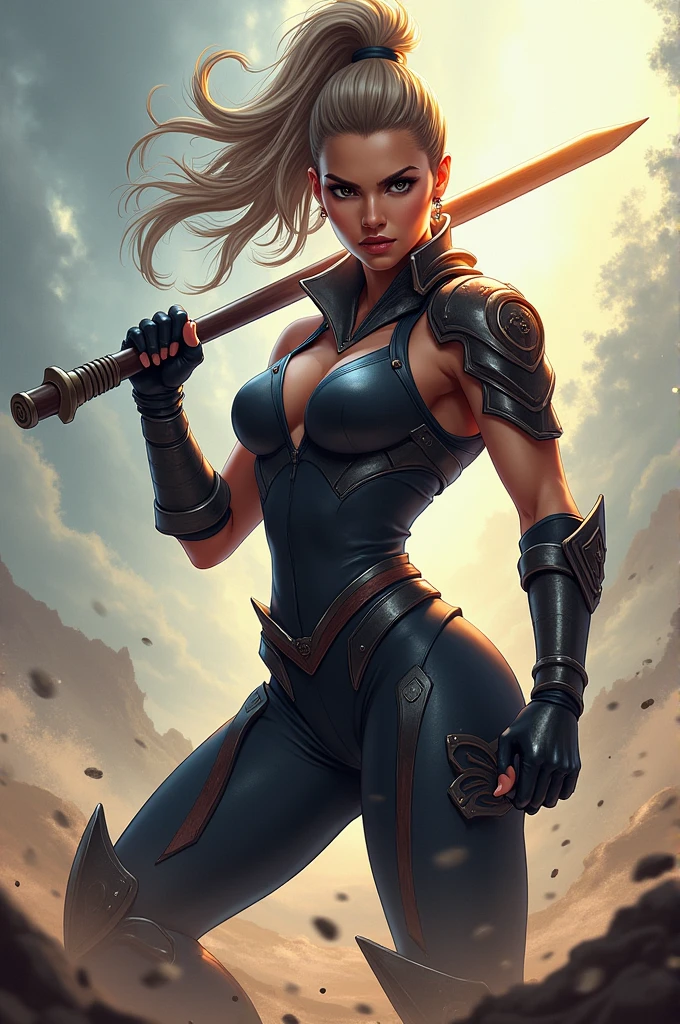 A blonde woman with her breasts shows her holding the ultra-realistic Thundercats' vigilante sword with Thundera's eye in the background --auto --s2