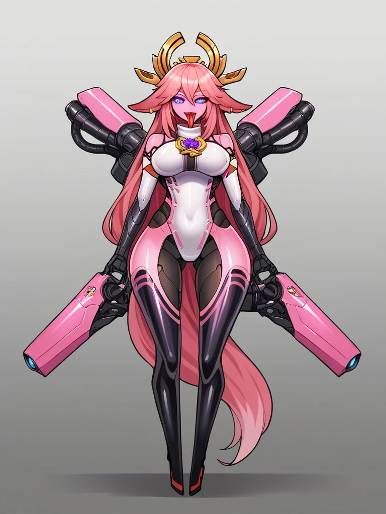 Score_9, score_8_up, score_7_up, score_6_up,  source_anime, solo, 1girl, upper body, portrait, BREAK, (machina), robot, glowing eyes, long mechanical tongue, sharm girl, BREAK,  machina, machina corruption, transformation, yae Miko, pink skin, robot arms, robot legs, robot ears, mechanical horns, mechanical fox ears, plastic skin, shiny skin, robotic 