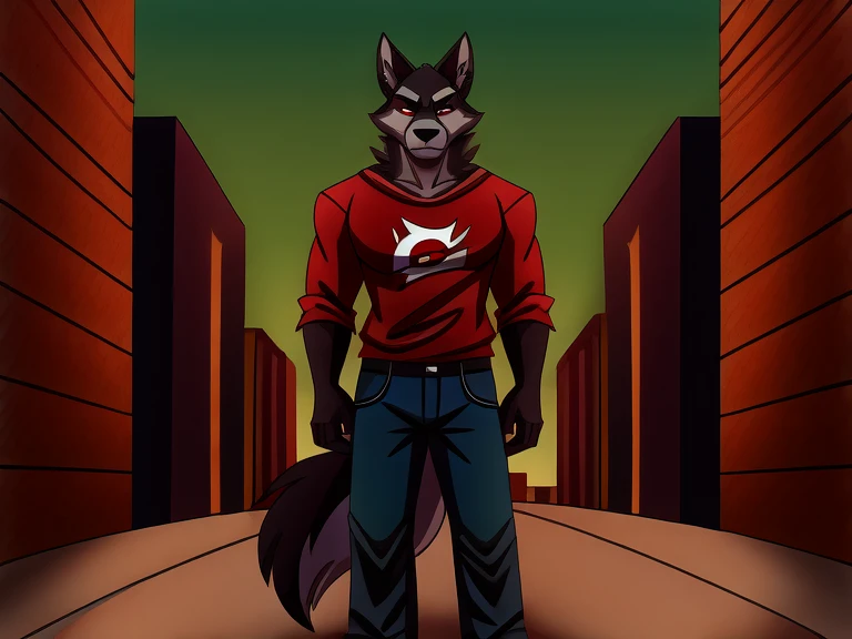 (masterpiece, best quality:1.2), Vortex male hellhound, black fur, wolves, furry, helluva boss, sad face, wearing blue jeans and white t-shirt with red sweatshirt, standing in front of a street waiting, full body image, hell streets, green sky background