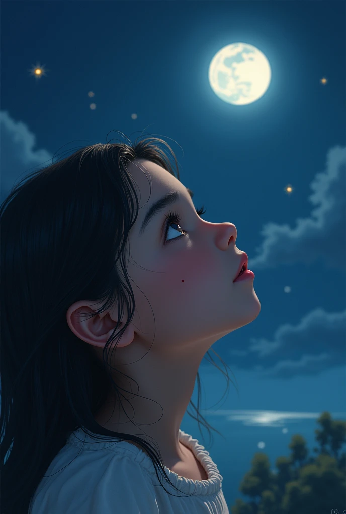 make me a sign thag has a 1 girl in the moon and stars. it's like giving a vibes of achieving her dreams. the girl look is tan, with black hair, black eyes, and straight hair, pointed nose