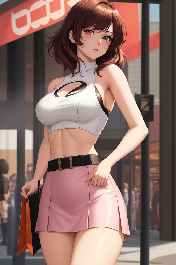 {{{masterpiece}}}, {{detailed}}, {detailed background}, {best quality}, high quality, high-definition, 4k, lights, glares, {detailed eyes}, motoko kusanagi, shoulder length messy brown hair, heterochromia red and grey, white crop top with black symbols and pink skirt, happy, shopping, Full body Beautiful anime style woman, clean detailed faces, intricate clothing, analogous colors, glowing shadows, beautiful gradient, depth of field, clean image, high quality, high detail, high definition, Luminous Studio graphics engine, cute face, slim waist, nice hips,