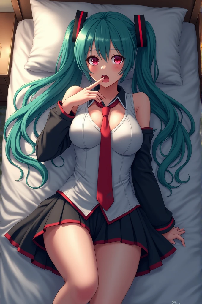 Hatsune Miku, NSFW, opened shirt, no bra, gigantic breasts, lifting skirt, no panties, fully exposed pussy, dripping pussy, lusty gaze ,in bed, from below, Youtube MMD,
