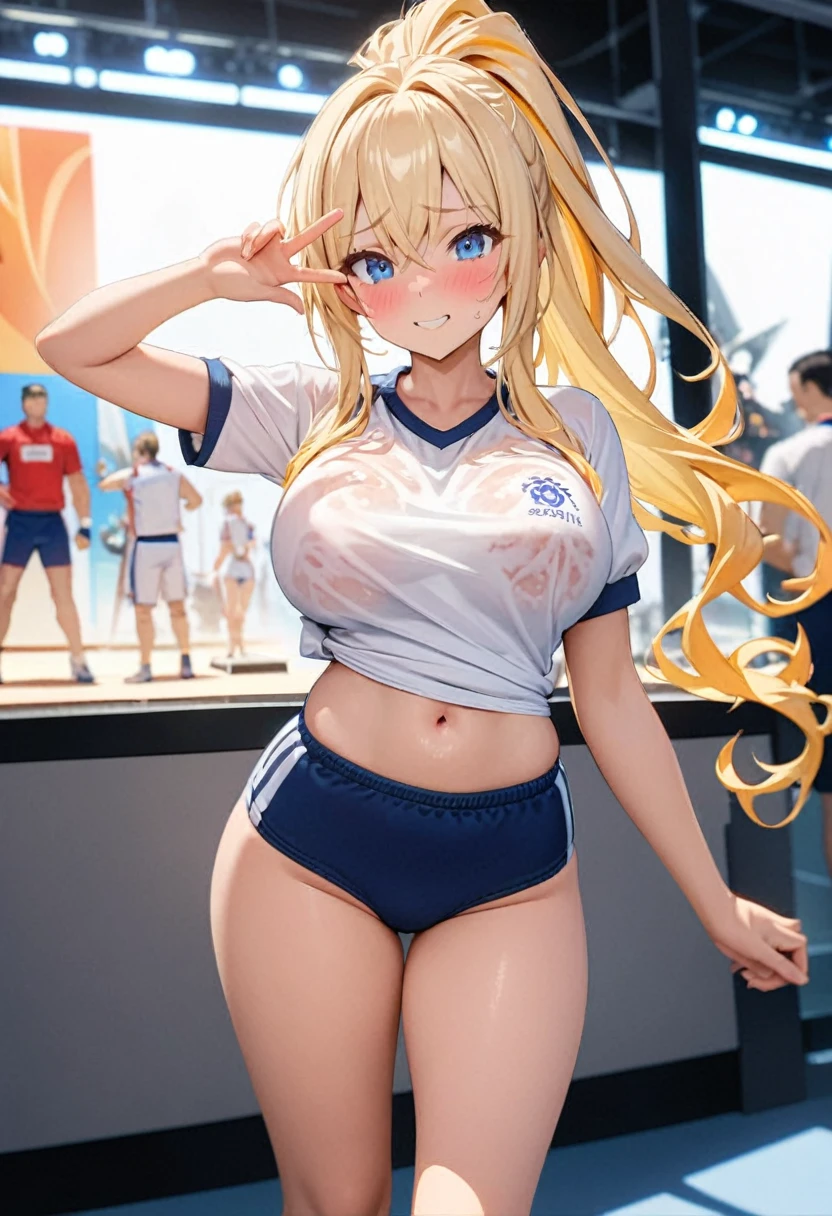 One girl, Focus Only, gym uniform, gym shirts, white t-shirts,((buruma)), Sunburn, Long Hair, Blonde, Striped Hair, Multicolored Hair, ponytail,blue eyes, Close one eye, Wink, Large Breasts, Hip bones,, sexy, Sunburnding, Contrasting, View your viewers, )), shy smile with a blush on her cheeks, , V above the eyes, Depth of written boundary, Blurred Background,, High budget, (masterpiece), (Highest quality), (Very detailed), so beautiful, figure, Perfect composition, Intricate details, Absurd, Fascinating,