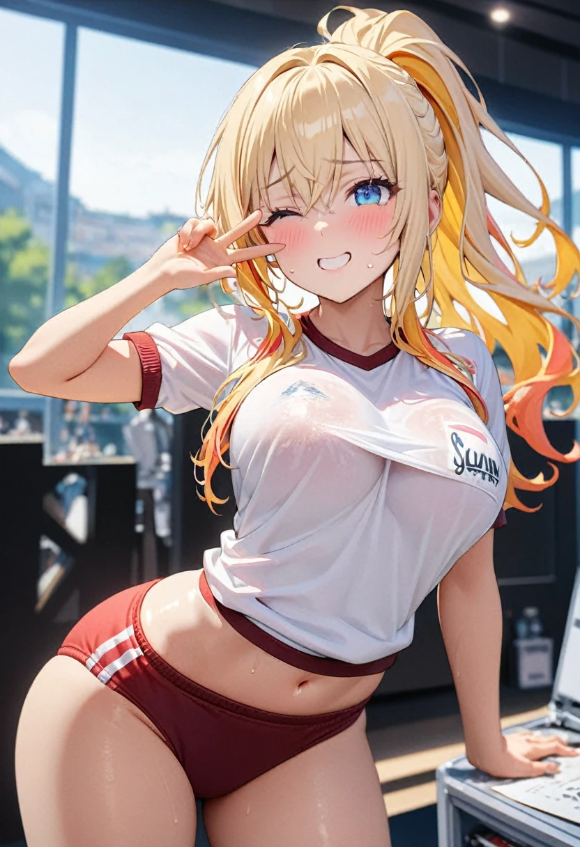 One girl, Focus Only, gym uniform, gym shirts, white t-shirts,((buruma)), Sunburn, Long Hair, Blonde, Striped Hair, Multicolored Hair, ponytail,blue eyes, Close one eye, Wink, Large Breasts, Hip bones, Sunburnding, Contrasting, View your viewers, )), shy smile with a blush on her cheeks, , V above the eyes, Depth of written boundary, Blurred Background,, High budget, (masterpiece), (Highest quality), (Very detailed), so beautiful, figure, Perfect composition, Intricate details, Absurd, Fascinating,