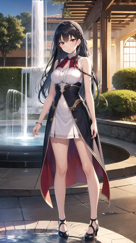 masterpiece, best quality, highres, aasuzune, long hair, black hair, (single braid:1.2), hair ribbon, red eyes, dress, grarden, fountain