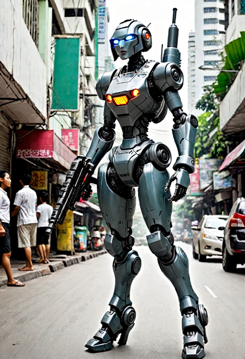 A female battle bot with a gun, she is patrolling the streets of bangkok
