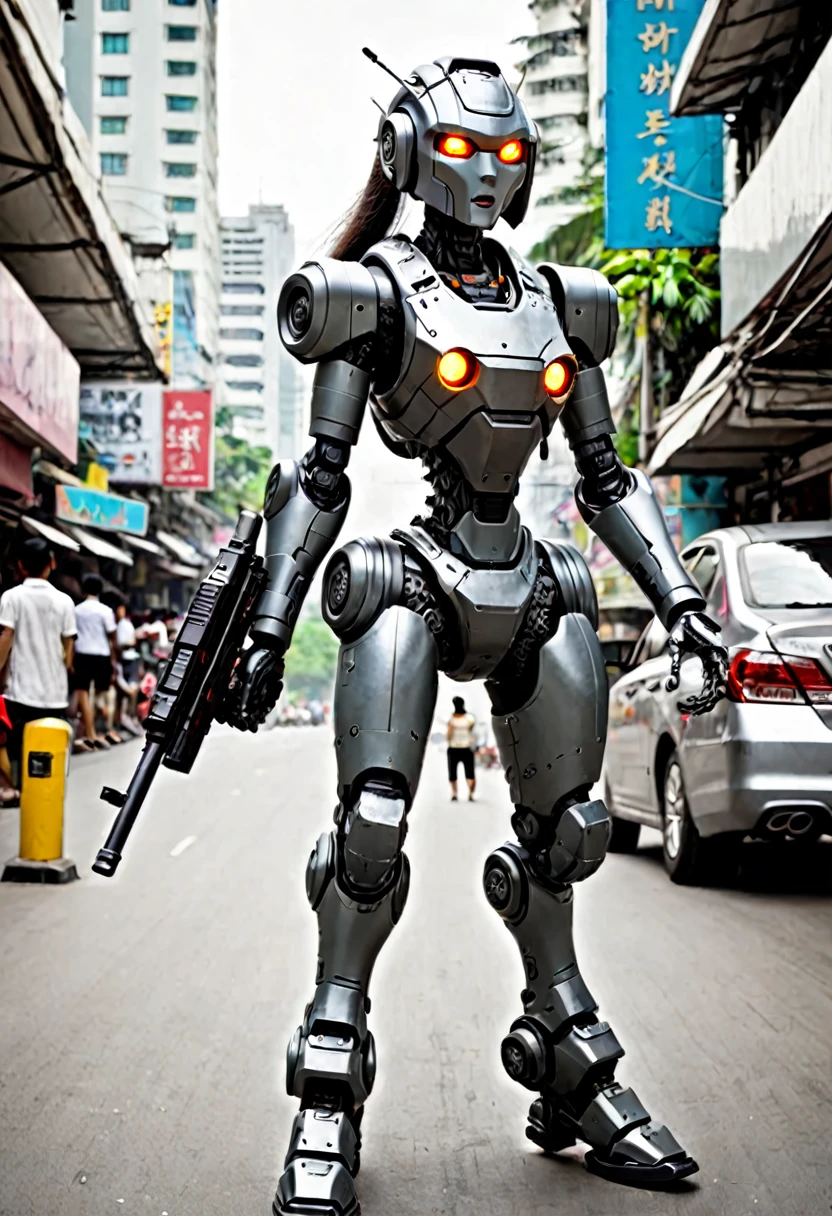 A female battle bot with a gun, she is patrolling the streets of bangkok
