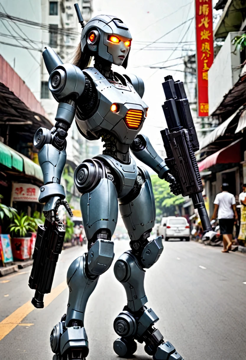 A female battle bot with a gun, she is patrolling the streets of bangkok
