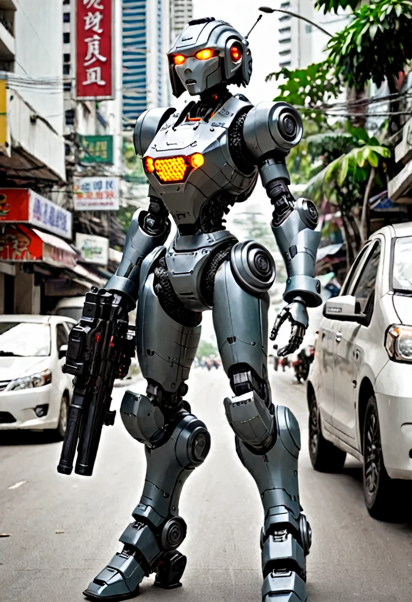 A female battle bot with a gun, she is patrolling the streets of bangkok
