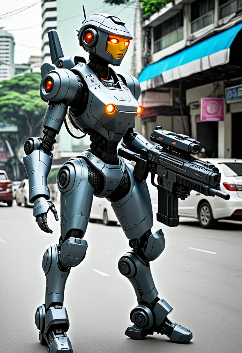 A female battle bot with a gun, she is patrolling the streets of bangkok
