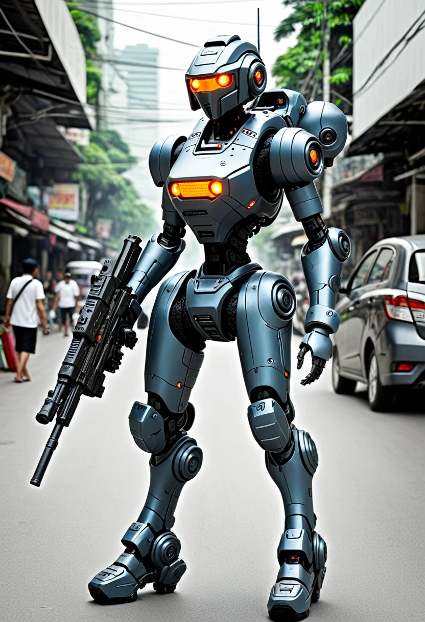 A female battle bot with a gun, she is patrolling the streets of bangkok
