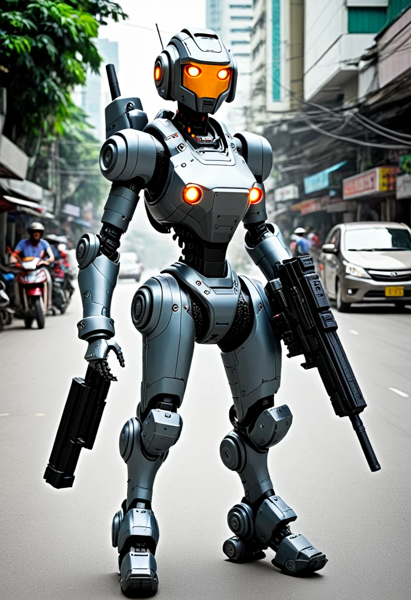 A female battle bot with a gun, she is patrolling the streets of bangkok
