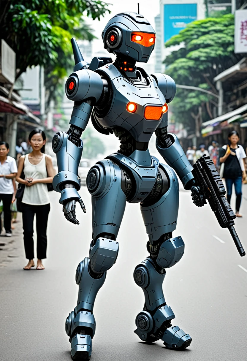 A female battle bot with a gun, she is patrolling the streets of bangkok
