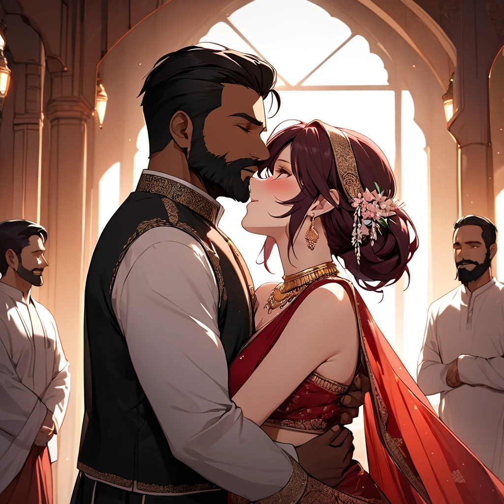 ((Highest quality)), ((masterpiece)), (detailed), （Perfect Face）The woman is Lunamaria Hawke、The woman is wearing the traditional Indian dress, a sari.、The woman is embracing and kissing a middle-aged Indian man with a beard in their wedding ceremony.