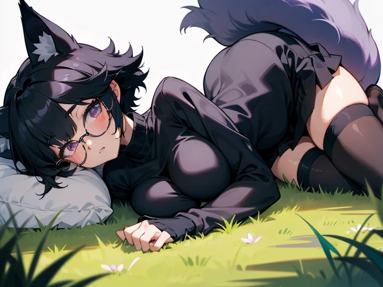 a girl with short black hair, fluffy black fox ears, a fluffy black tail with a white tip, light violet eyes, a tight black turtleneck sweater, large breasts, a short skirt, glasses, black stockings, and a bow the left. side of her head, lying on the grass, 