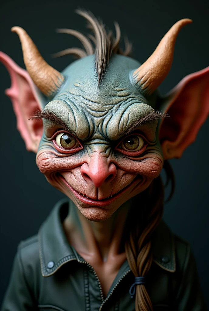 photorealistic sexy white girl Belle Delphine, wearing a cute bald sweaty goblin teen girl mask with green skin, blush, and freckles, and fangs, and braces, and long pointy teeth, she's completely naked with perky breasts. she has very prominent sternocleidomastoids and collar bones. she looks flirty and horny doing an ahegao face drooling. her cute goblin mask is green and covers her entire head and neck and looks just like Belle Delphine