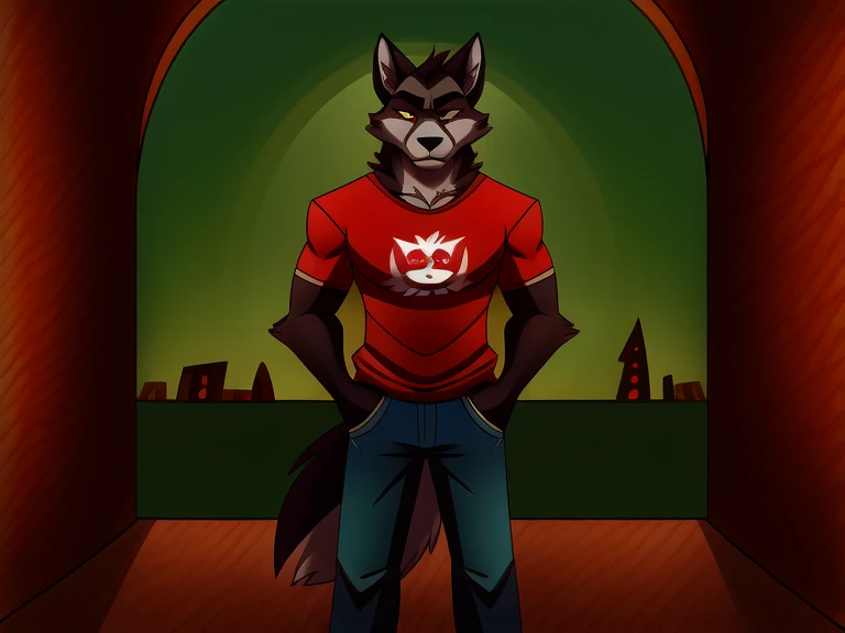 (masterpiece, best quality:1.2), Vortex male hellhound, black fur, wolves, furry, helluva boss, sad face, wearing blue jeans and white t-shirt with red sweatshirt, standing a stool, full body image, hell streets, green sky background