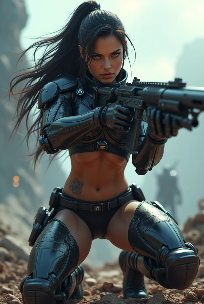 naked woman, with black cyborg style armor, ultra realistic, holding a futuristic high caliber rifle
