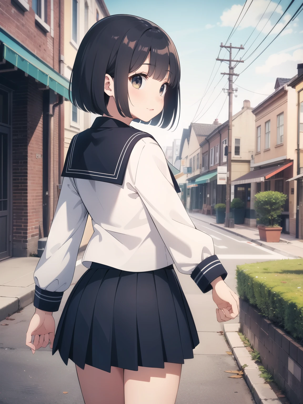 masterpiece、Highest quality、Small and cute 、Back view、Black Hair、Bob Hair、Navy blue long sleeve sailor blouse、Pleated mini skirt、((((Town))))