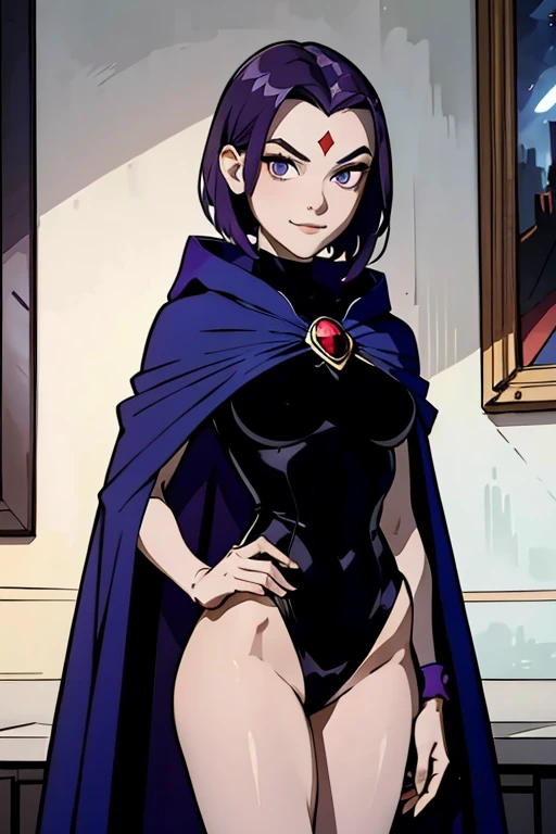 RavenTT,  purple eyes,purple hair,  red jewel in forehead, grey skin,blue cloak,black leotard,brooch, looking at viewer, serious, shy smile, extreme detail, masterpiece, beautiful quality,  