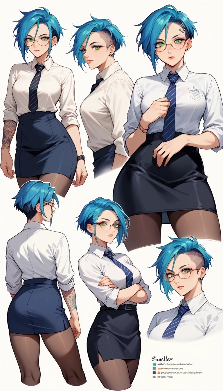 The concept character sheet of a strong, attractive, and hot office lady wearing a business suit. Her face is oval, forehead is smooth and visibly rounded at the temples. jawline is softly defined, giving her a gentle and feminine appearance, ((Masterpiece, Highest quality)), 8k, Detailed face (short hair faded, undercut hairstyle) (multicoloured hair) (green eyes), light blue hair, Multiple sexy poses. tattoos, glasses, short black skirt, white shirt, pantyhose, stocking, Infographic drawing. Multiple sexy poses. tattoos, glasses, short black skirt, white shirt, pantyhose, stocking,