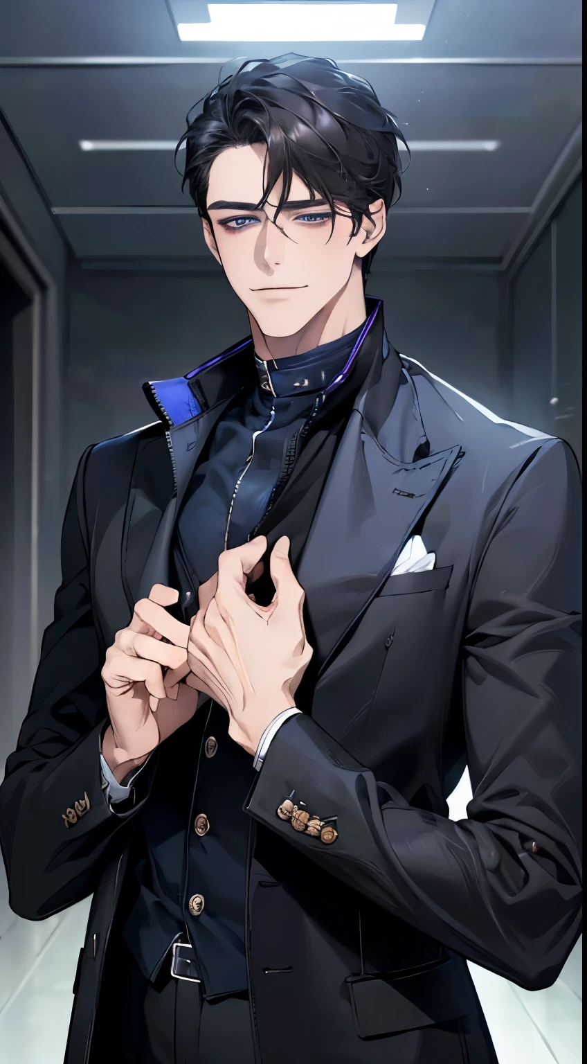 (best quality, masterpiece, 8K, photorealistic, cinematic lighting, 1:4 hdr image, ultra detailed, beautiful image), a mature man, very handsome, ((cold expression smile in love)), short black hair, blue eyes, face perfect without mistakes, ((buttoning his jacket, CEO))
