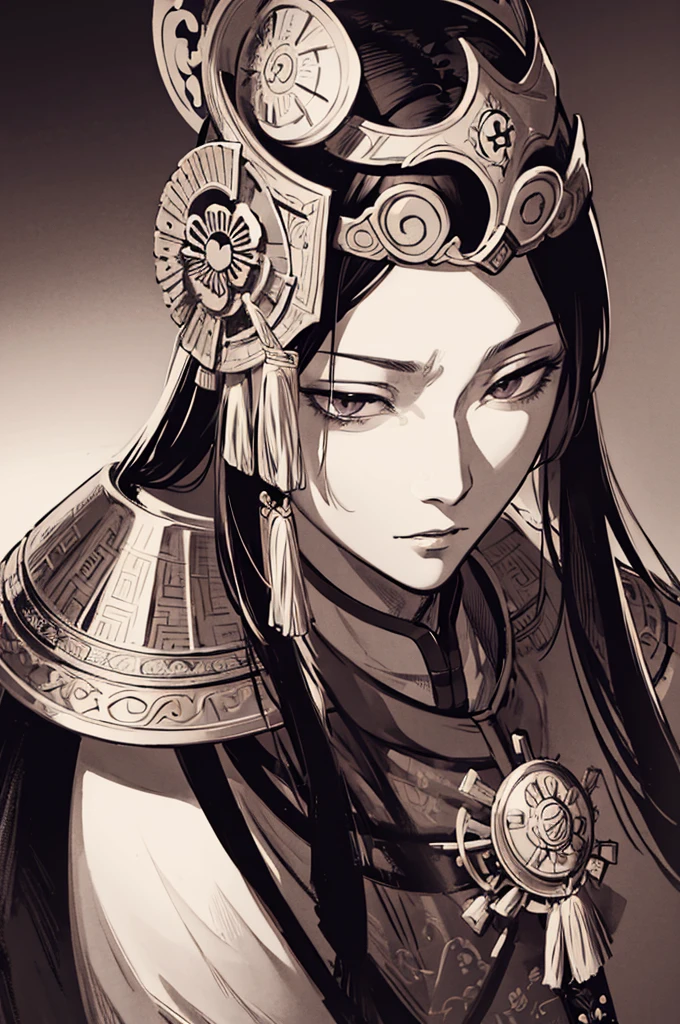 A detailed portrait of Oda Nobunaga from the Fate series, beautiful detailed eyes, beautiful detailed lips, extremely detailed face and features, long eyelashes, ornate samurai armor, intricate patterns and designs, dramatic lighting, cinematic composition, epic scale, fantasy art style, muted color palette, dramatic shadows and highlights