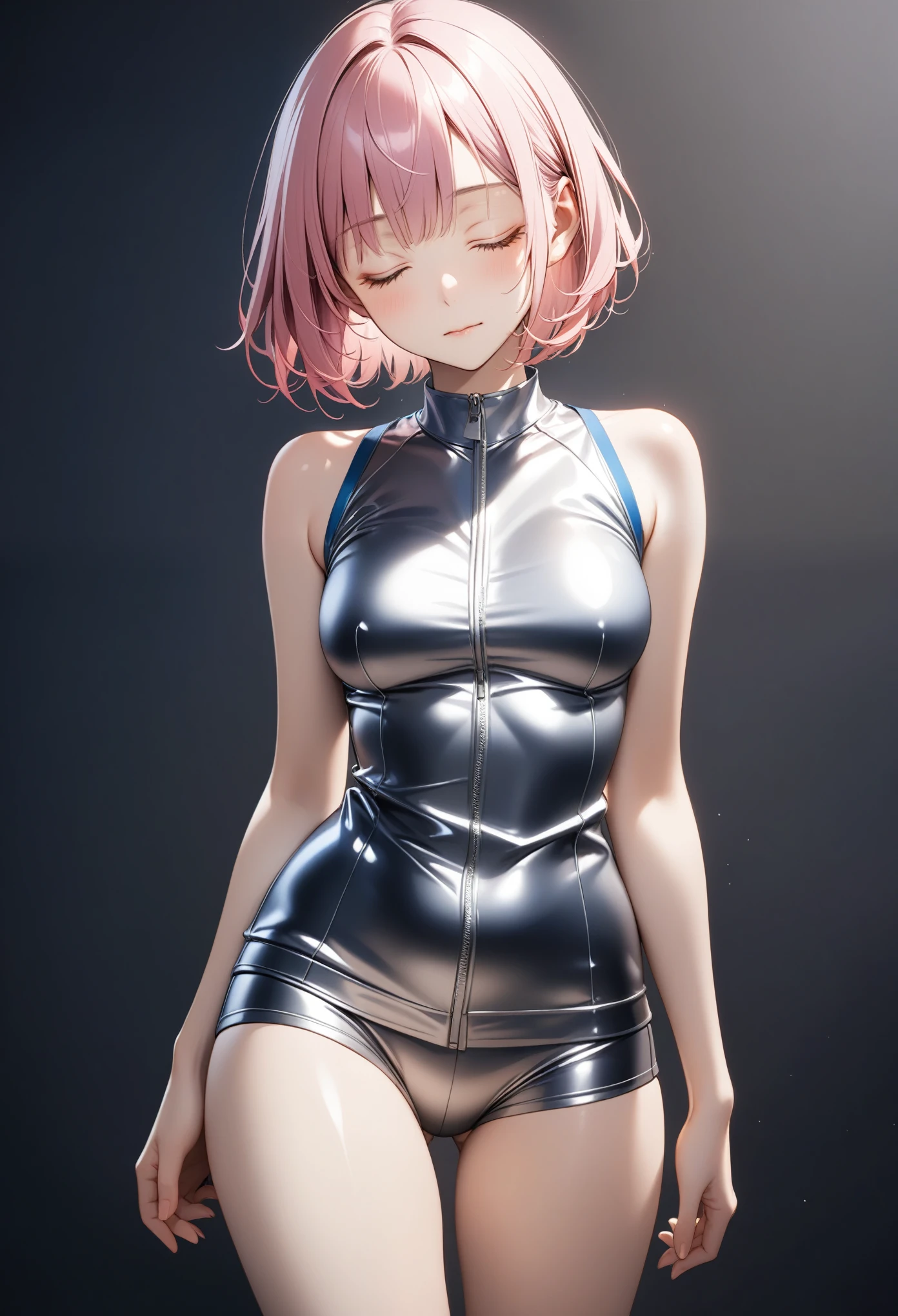 ((Metallic costume:1.5)), ((Anatomically correct hand:1.5)), Anime, Sexy, ((In Kyoto Animation Style:1.5)), super precision, ​masterpiece, very extremely beautiful, Princess Face, ((1人の女性)), ((Solo:1.5)), ((Pink hair:1.5)), ((BobKat 1.5)), BREAK, ((Black eyes)), short-cut, ((Straight hair)), BREAK, Full limbs, ((complete fingers:1.5)), ((high leg silver bunny suit:1.5)), BREAK, ((Skindentation)), Professional Lighting, (25-years old), Narrow waist, Shiny skin (Brown skin), ((Oiled skin)), glistning skin, Looking at Viewer, Cowboy Shot, Looking at the camera, Sexy, A slight smil, Slightly open mouth, Ultra-fine eyes, Ultra-fine face, ((thin lips:1.5)), Sexy, ((drooping eyes)), A slight smil, Sexy, ((portlate:1.5)), faces, Sexy, Looking at the camera, Colossal tits, kawaii faces, ((arms back)), ((thighs thighs thighs thighs:1.5)),