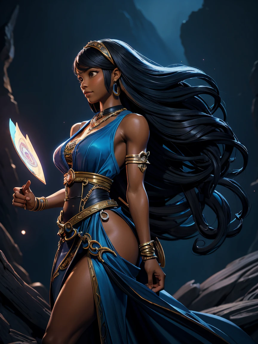 A woman with long hair and a blue top is standing a female black lady from the early 18th century based on Serena Williams, Dungeons and Dragons 5th edition style illustration, cinematic, fantasy painting, highly detailed, black outlining, full color illustration, in the style of BORIS VALLEJO & JULIE BELL