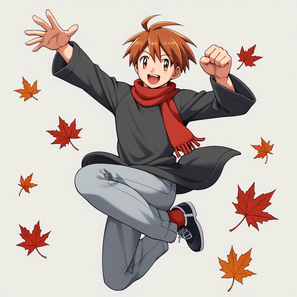 score_9, score_8_up, score_7_up, score_6_up, score_5_up, score_4_up, BREAK source_anime, 1boy, solo, simple background, excited, star shaped eye, innovative style, fanart, illustration, dynamic pose, Gothic style, autumn leaves, jumping