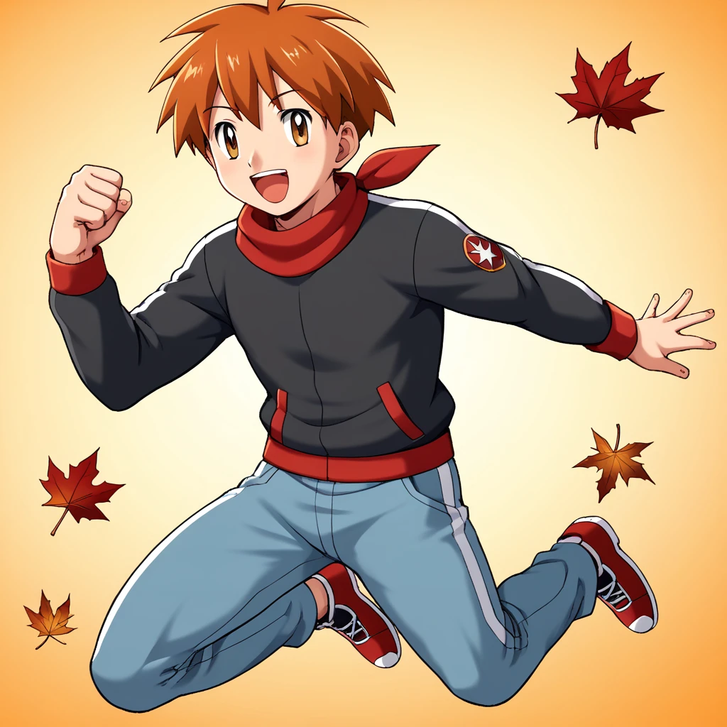 score_9, score_8_up, score_7_up, score_6_up, score_5_up, score_4_up, BREAK source_anime, 1boy, solo, simple background, excited, star shaped eye, innovative style, fanart, illustration, dynamic pose, Gothic style, autumn leaves, jumping