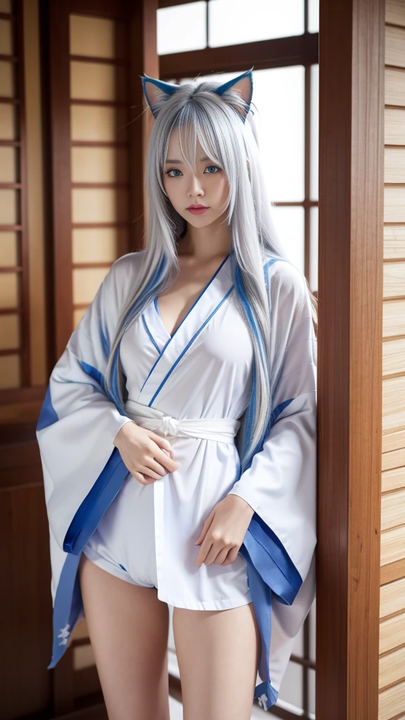 one girl, Breasts, long hair, Colorful hair, Silver hair, Colorful hair, medium length hair, Breasts, Cat ears, Blue eyes, Blue eyes, Minimalism, Futuristic, japanese underwear, shorts, short kimono, white colored kimono, standing, standing, kimono, sleepwear, sex, kimono underwear, kimono style underwear 