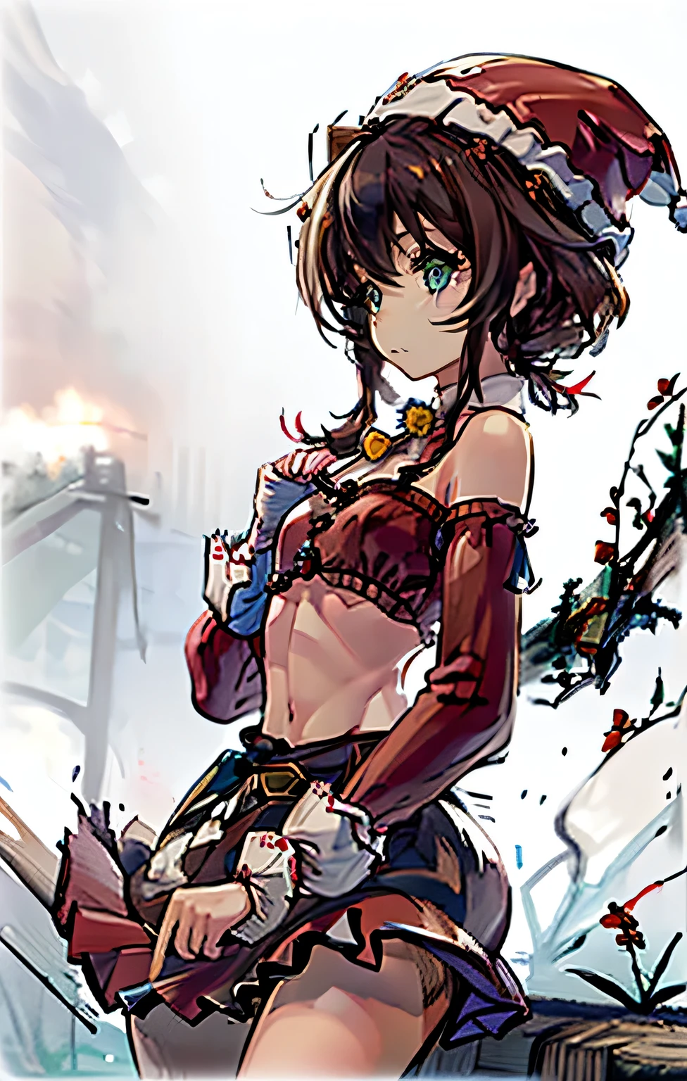 1girl, solo, bed of flowers, (brunette hair:1.2), (hazel-green eyes), almond shaped eyes, dark brown  wavy hair, narrow shoulders, broad hips, thick thighs (small chest:1.4), anime masterpiece, soft lighting, intricate, highly detailed, pixiv, anime art, 4k,  garden of words style art, high quality, pastel water colors, watercolor anime art style, ((Santa Claus Costume、Red knitted hat、Red off-the-shoulder sweater、Long flared skirt、no-bra))