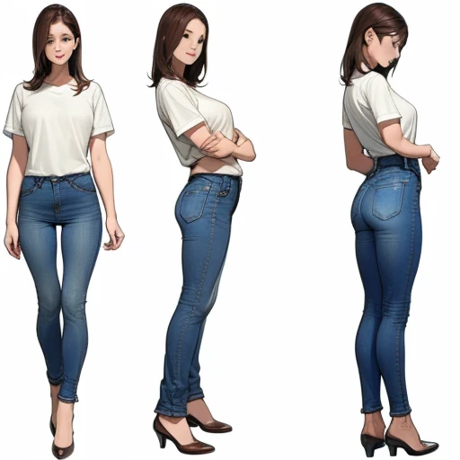 (masterpiece,highest quality,Absurd,beautiful,beautiful,detailed)、One woman、White T-shirt、Skinny jeans、High heels、 Front view, Side view, Back view、detailedな目、detailedな顔、