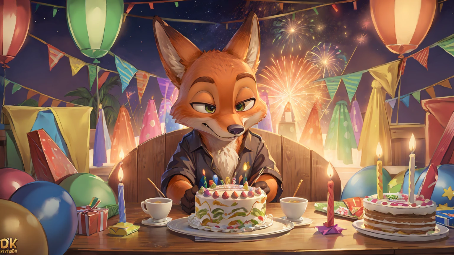 high resolution,8k,Vibrant colors,Official Art,Celebrating a birthday with crackers,nick wilde,Birthday cake,Birthday Party,