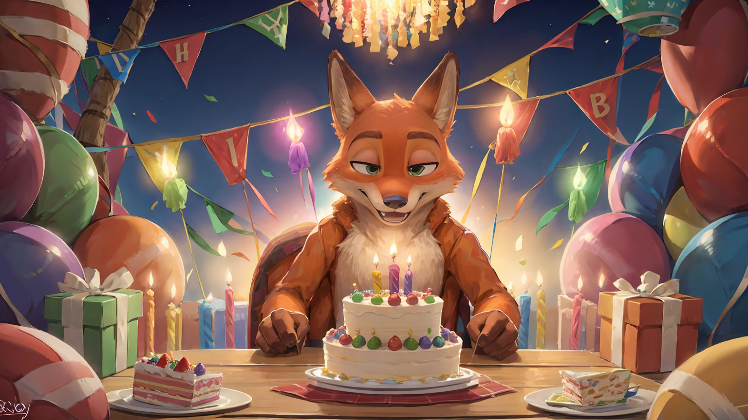 high resolution,8k,Vibrant colors,Official Art,Celebrating a birthday with crackers,nick wilde,Birthday cake,Birthday Party,