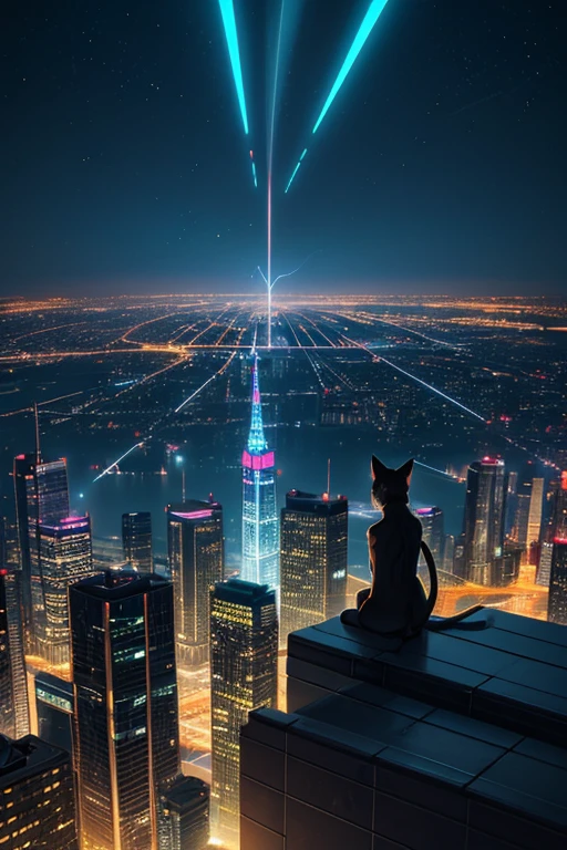 A sleek black cat stands on a rooftop of a half-built skyscraper, gazing out at the futuristic city sprawling beneath a dawn sky. Its golden eyes gleam with intelligence and determination, a futuristic smart collar with a miniature display reading "Goal Shifting" adorns its neck.  Glowing arrows of light shoot from the cat's eyes towards the heart of the city, representing its ambitious goals. The city below thrums with life, neon lights reflecting off the glass and steel of the buildings. Cranes swing slowly, sparks showering from welding torches as the city continues to evolve. The artwork is rendered in the style of illustrator Kaito Saitou, capturing the energy and dynamism of the scene with a touch of feline cool. The overall atmosphere is hopeful, empowering, and full of promise. 
