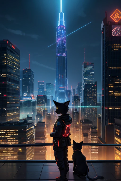 A sleek black cat stands on a rooftop of a half-built skyscraper, gazing out at the futuristic city sprawling beneath a dawn sky. Its golden eyes gleam with intelligence and determination, a futuristic smart collar with a miniature display reading "Goal Shifting" adorns its neck.  Glowing arrows of light shoot from the cat's eyes towards the heart of the city, representing its ambitious goals. The city below thrums with life, neon lights reflecting off the glass and steel of the buildings. Cranes swing slowly, sparks showering from welding torches as the city continues to evolve. The artwork is rendered in the style of illustrator Kaito Saitou, capturing the energy and dynamism of the scene with a touch of feline cool. The overall atmosphere is hopeful, empowering, and full of promise. 
