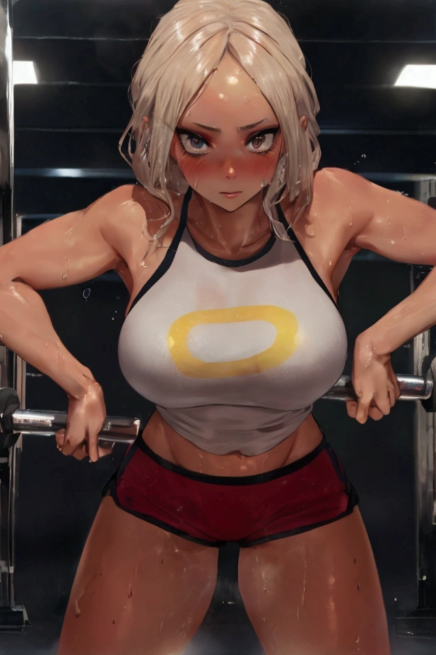 Mirko wiping sweat with a towel at the gym, sweating in wet clothes, blushed face, wearing shorts and a large bra, detailled image, high resolution, Ultra HD large red skin color 