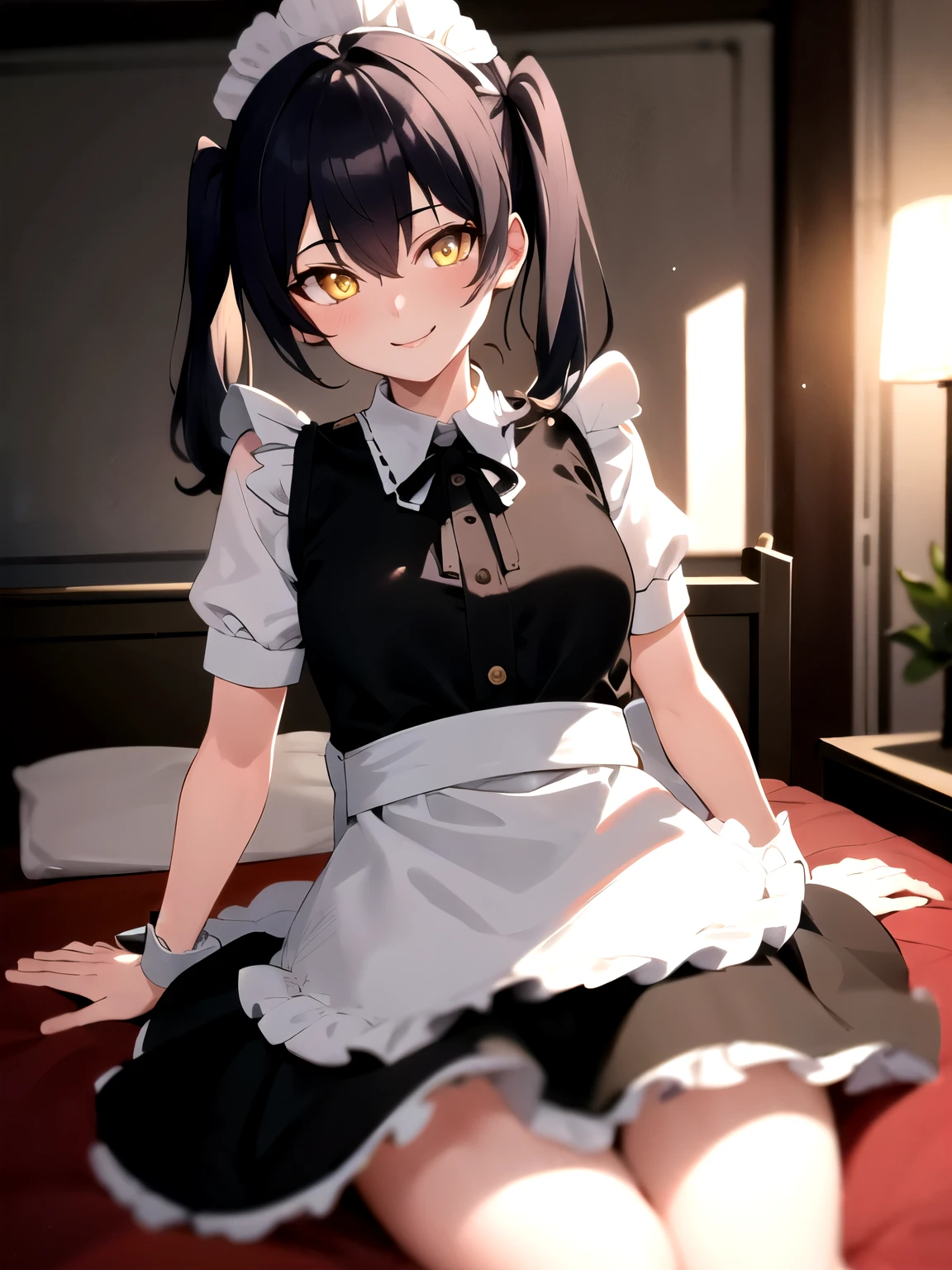 aatamaki, (masterpiece, best quality), absurdres, clean lines, cinematic lighting, 1girl, solo, (looking at viewer), (yellow eyes), smiling, maid outfit, bedroom