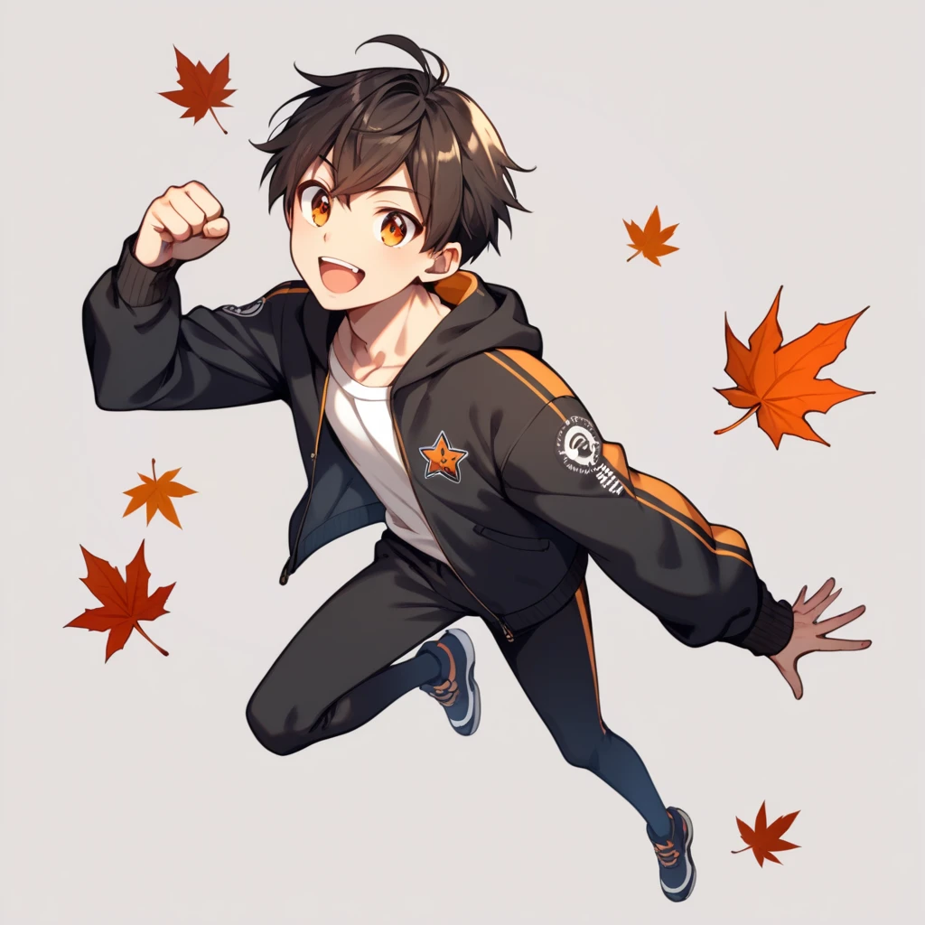 score_9, score_8_up, score_7_up, score_6_up, score_5_up, score_4_up, BREAK source_anime, 1boy, solo, simple background, excited, star shaped eye, innovative style, fanart, illustration, dynamic pose, Gothic style, autumn leaves, jumping