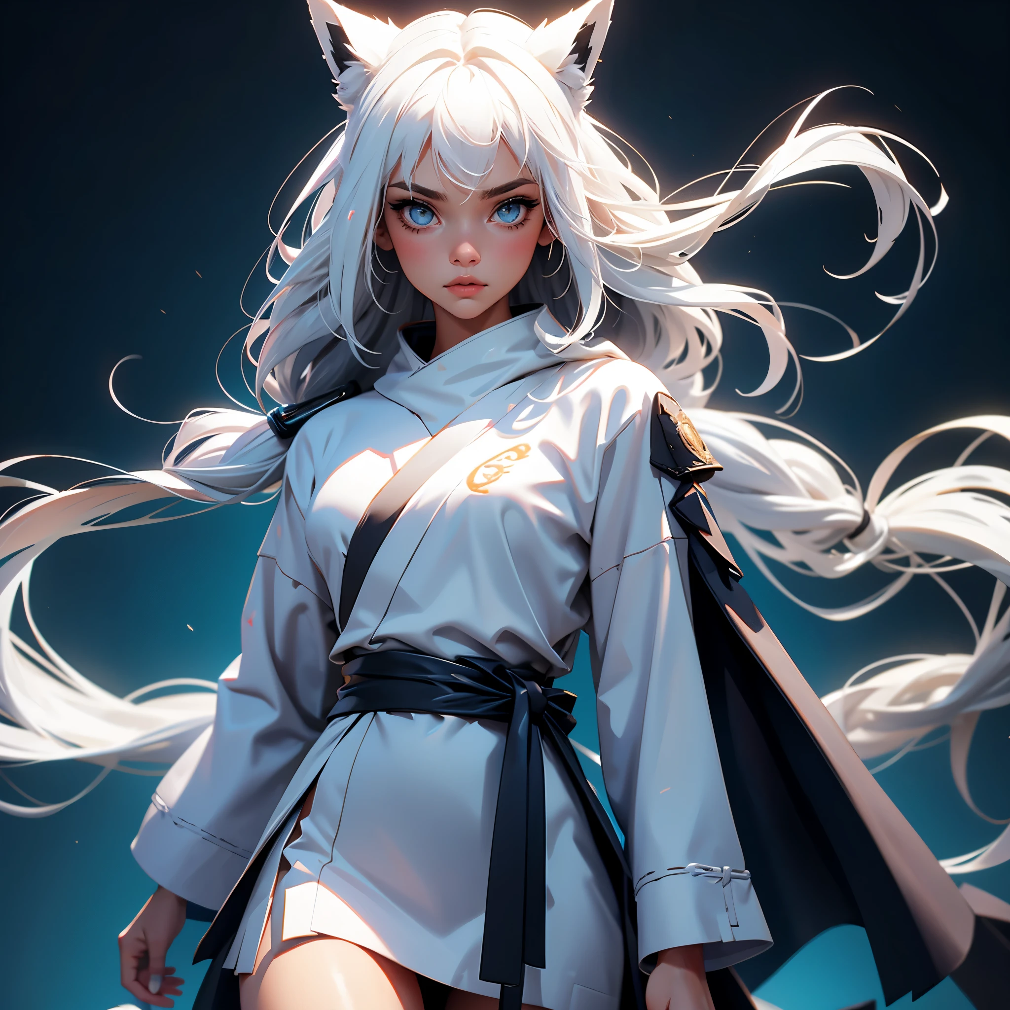 envision a 8k, highres, cinematic, beautiful extreme close up face Pinup of a sexy woman with a slender muscular body, strong mature older face, (((long white hair))), side locks, animal ears, long bangs, blue eyes, ((Ninja robes)), tactical skirt, long boots, tactical belt, ((((1girl)))), in dark lighting, against a dark gray background