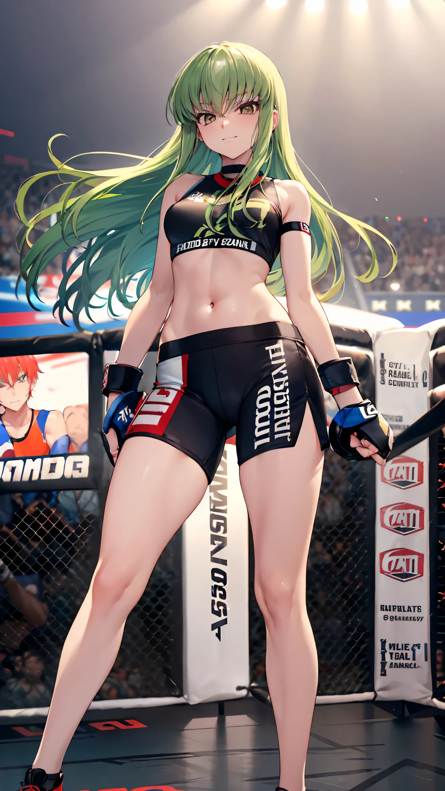 CC_Code Geass, Hair between the eyes, Very long hair 1 person, Bright light, smirking, alone, full body shot, From below, Fighting, (masterpiece, Highest quality), 8k, Intricate details, (on MMA Arena :1.5), (wearing MMA uniform:1.5, white tops and black bottoms:1.3), belly button,Slender body,Slim,((Highest quality)), Sharp focus: 1.2, Highly detailed face, Highly detailed eye,Toned stomach,