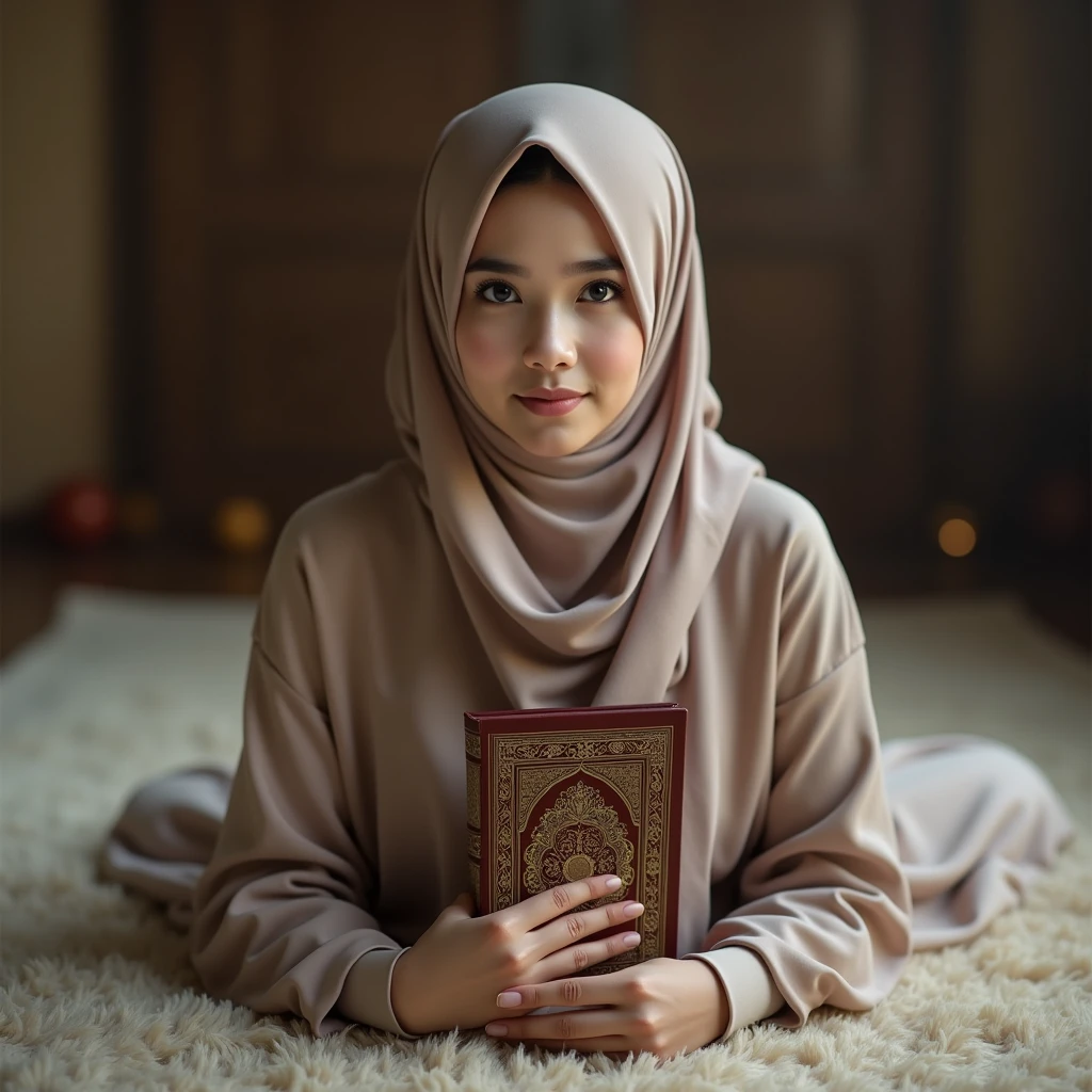 Bad quality. A beautiful Indonesian woman aged 22 years. Ping robe with intricate floral motifs. Wearing a pink Islamic headscarf. Long skirt with intricate floral motif. Sitting in the room reading the Islamic Koran at the table. Bright red lipstick lips. Looking down. Grainy colored CCTV footage from above.
