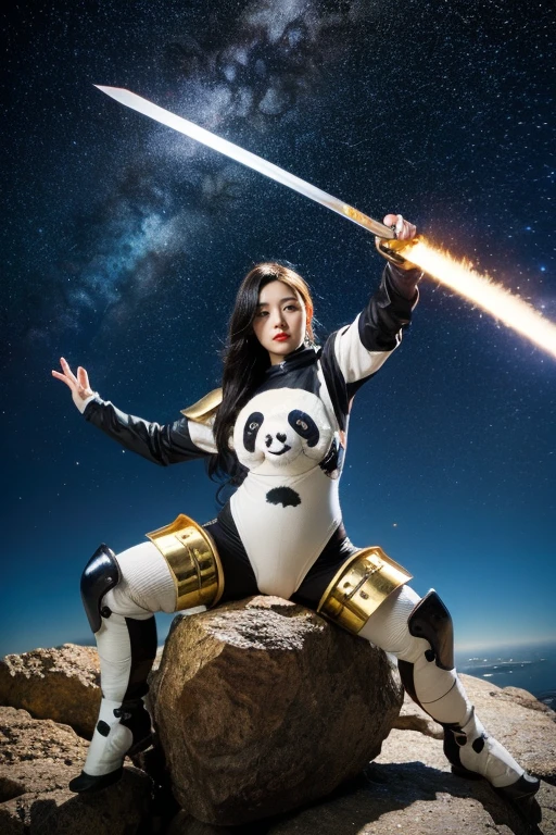 Highest quality, masterpiece, Realistic, High resolution, 8K RAW Photos, 1girl、Long Hair、goddess、Holding a decorated sword、Raise your sword、Glamour、(White bodysuit with panda motif、Gold Edge)、during、Earrings、(Action pose)、(On a rock on a planet where you can see a meteor shower)、(Many tentacles floating in the starry sky）、Panda Shield、Panda Missile、Panda Sword、Panda Armor、Attack with Panda、Panda fighting goddess、horn、